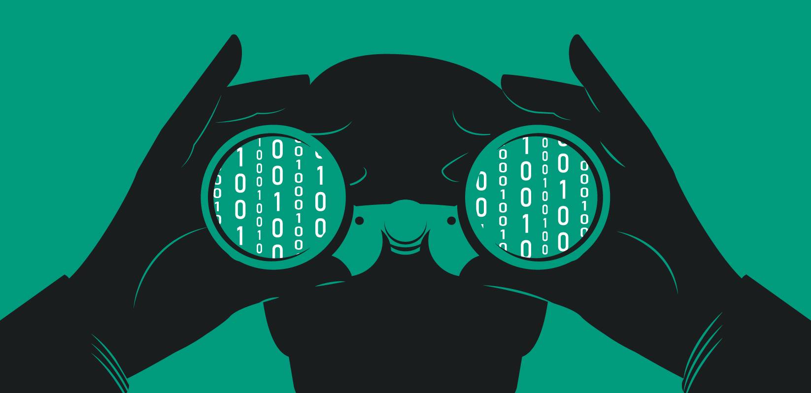 A stylized illustration of a person looking through binoculars filled with binary code, representing digital surveillance or data observation.