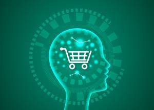 An illustration of a human head silhouette with a shopping cart icon inside, surrounded by digital elements, representing e-commerce or consumer insights.