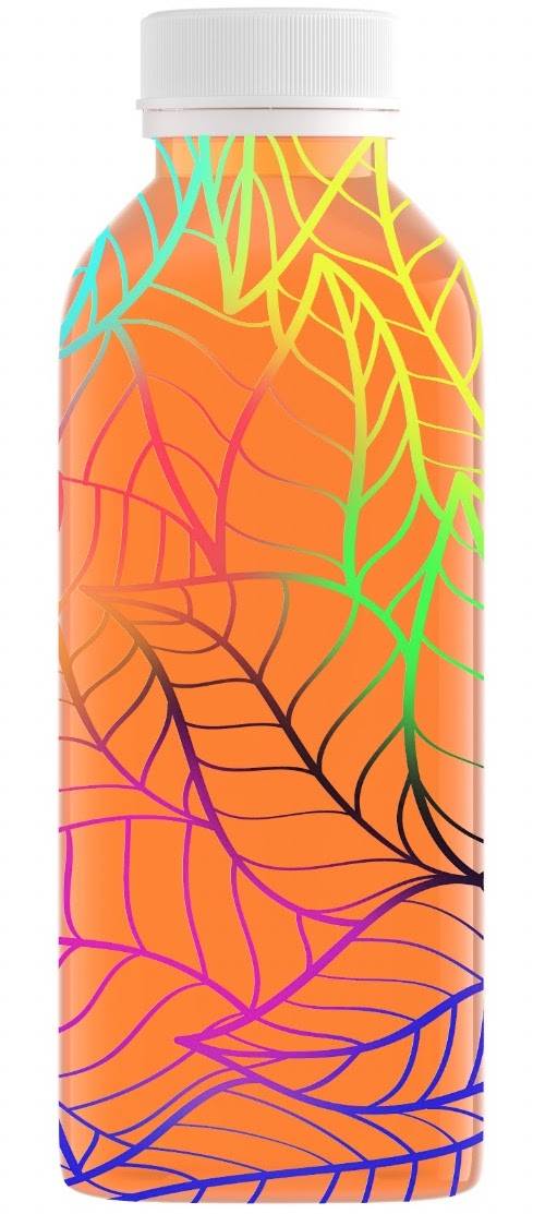 Image of colorful leaves printed on a bottle